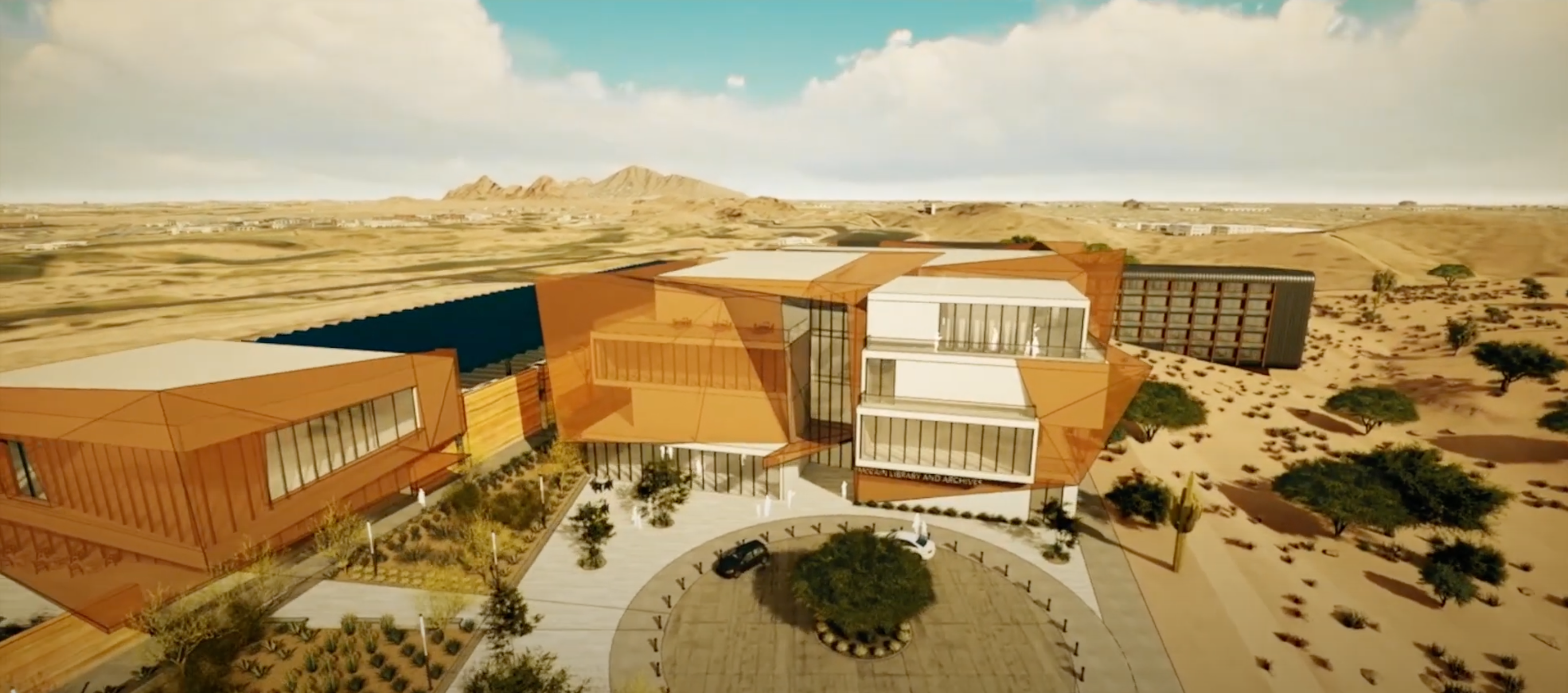 Rendering of an aerial view of The McCain National Library 