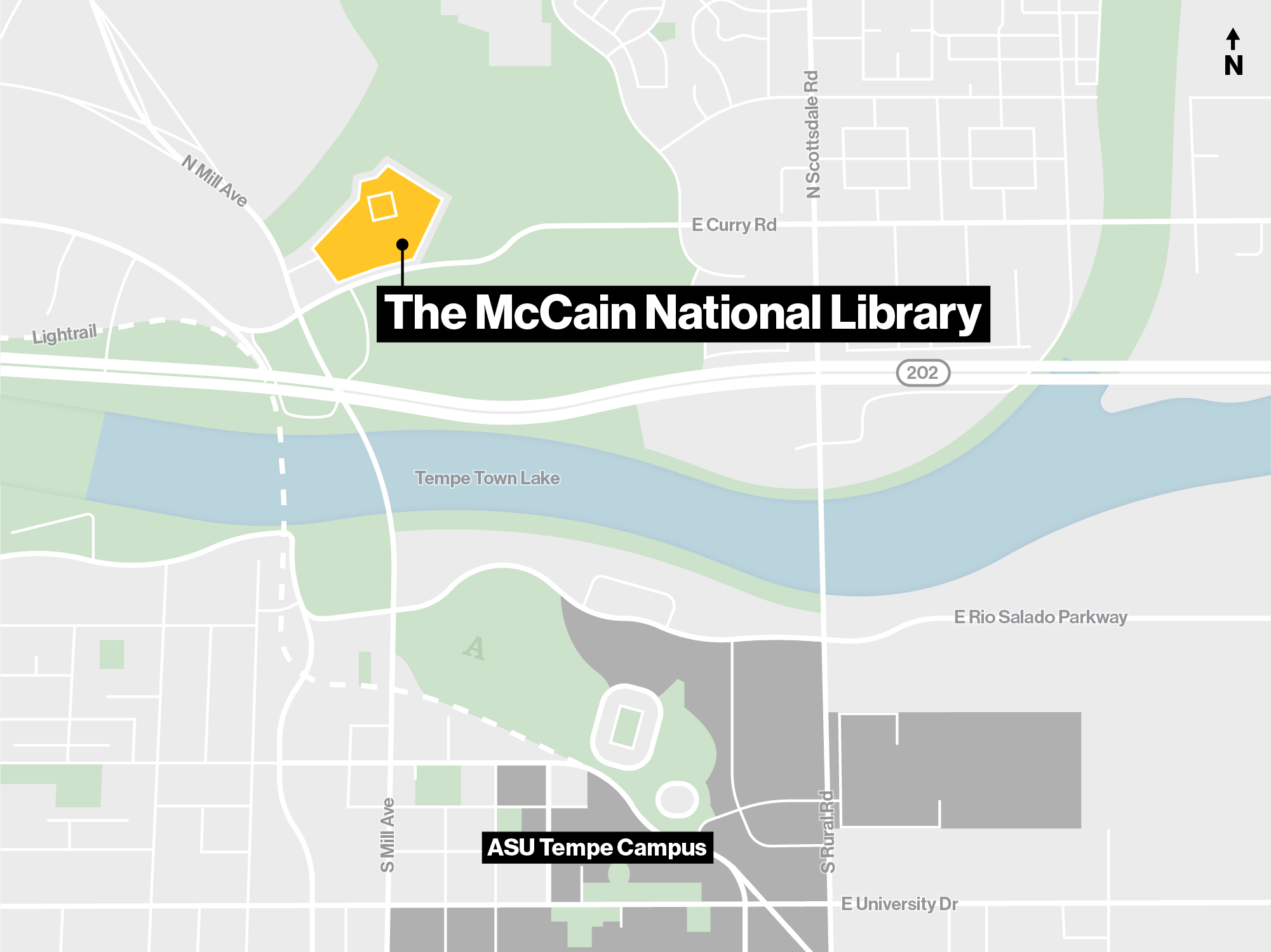 A map showing the location of the McCain National Library in relation to ASU Tempe campus and Tempe Town Lake