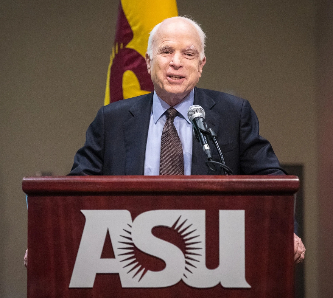 John McCain speaking at ASU podium